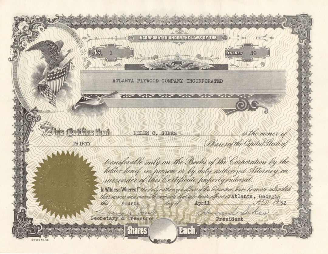 Atlanta Plywood Company Inc. - Certificate number 1 - 1952 dated Stock Certificate