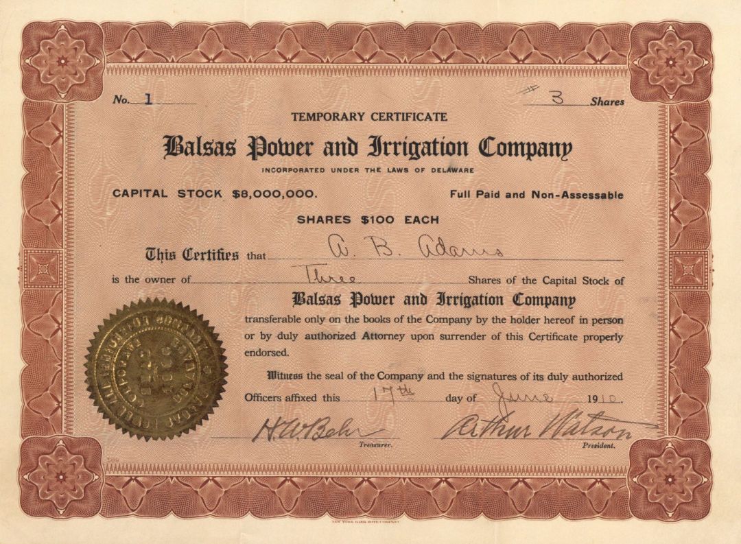 Balsas Power and Irrigation Co. - Certificate number 1 - 1910 dated Stock Certificate