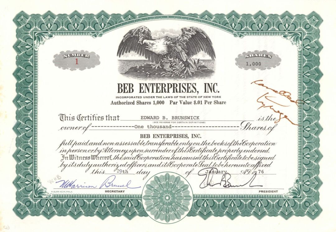 BEB Enterprises Inc. - Certificate number 1 - 1976 dated Stock Certificate