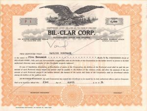 Bil-Clar Corp. - Certificate number 1 - 1956 dated Stock Certificate