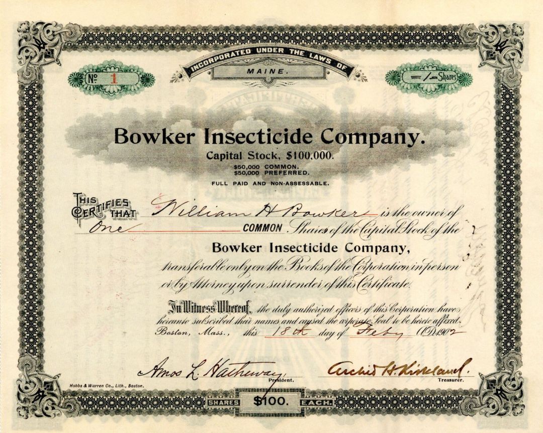 Bowker Insecticide Co. - Certificate number 1 - 1902 dated Stock Certificate