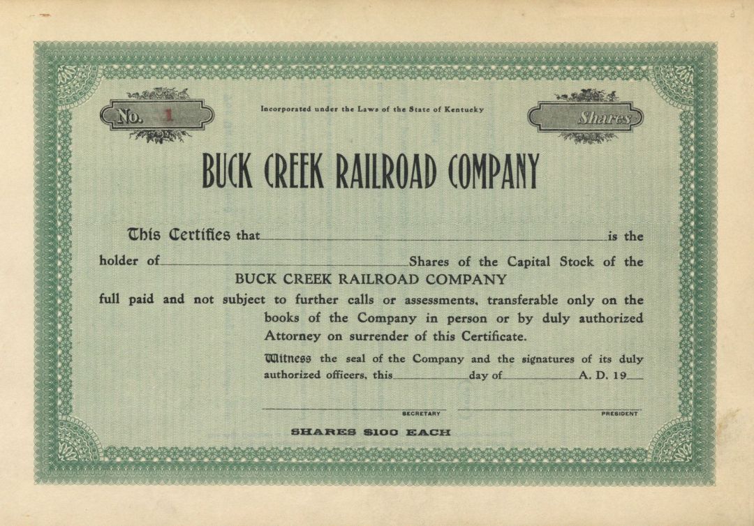 Buck Creek Railroad Co. - Certificate number 1 - Unissed Stock Certificate