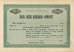 Buck Creek Railroad Co. - Certificate number 1 - Unissed Stock Certificate