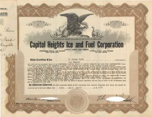 Capitol Heights Ice and Fuel Corp. - Certificate number 1 - 1928 dated Stock Certificate