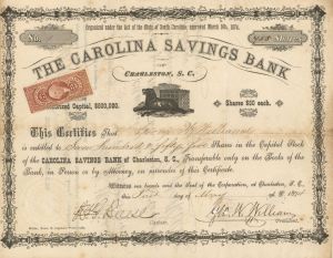 Carolina Savings Bank of Charleston, S.C. - Certificate number 1 - 1874 dated Stock Certificate