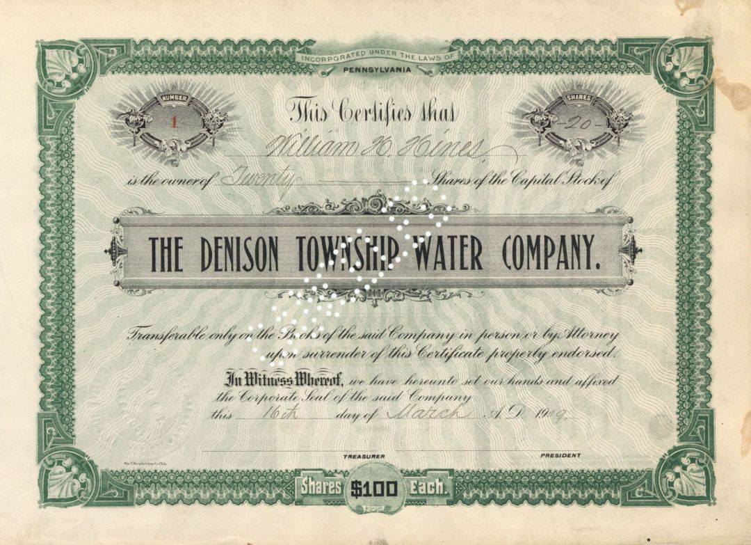 Denison Township Water Co. - Certificate number 1 - 1909 dated Stock Certificate