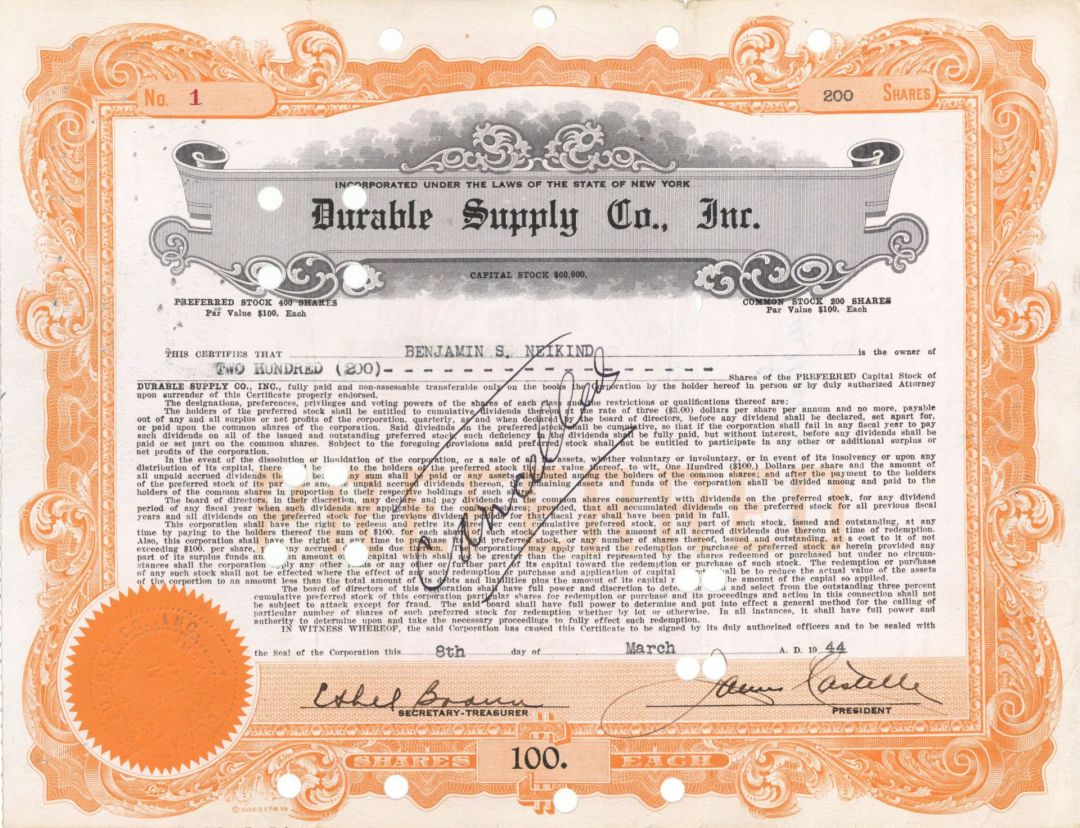 Durable Supply Co., Inc. - Certificate number 1 - 1944 dated Stock Certificate