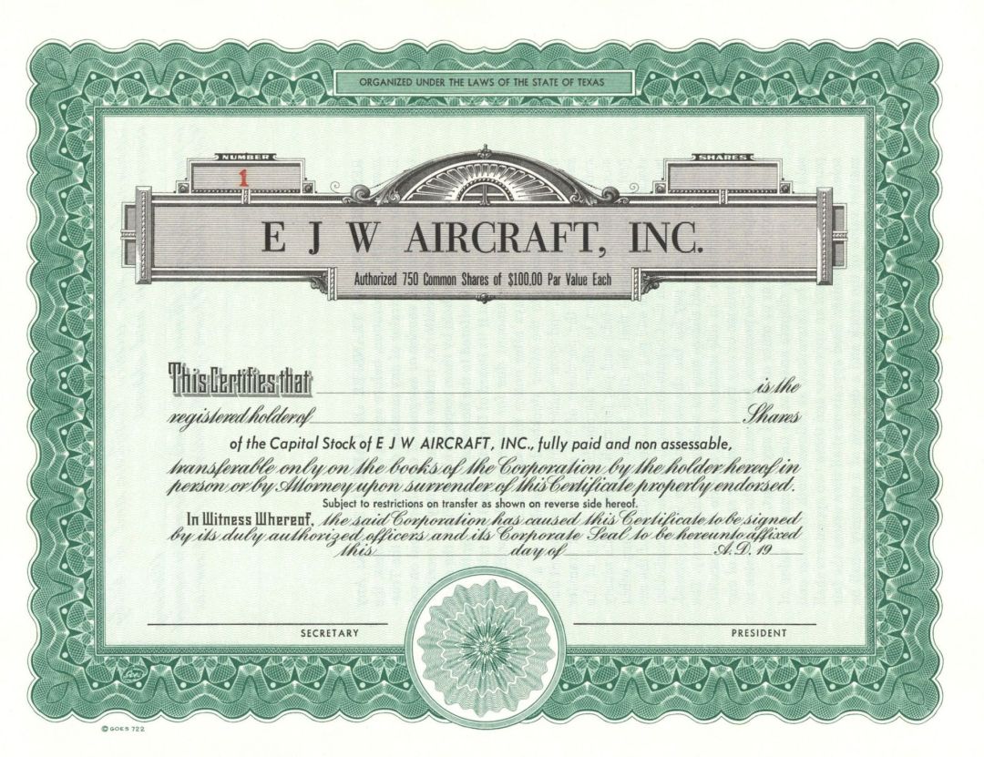 E J W Aircraft, Inc. - Certificate number 1 - Unissued Stock Certificate