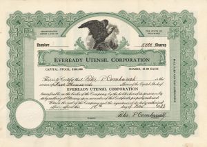 Eveready Utensil Corp. - Certificate number 1 - 1922 dated Stock Certificate