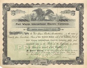 Fort Wayne International Electric Co. - Certificate number 1 - 1896 dated Stock Certificate