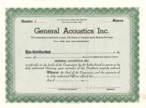 General Acoustics Inc. - Certificate number 1 - Unissued Stock Certificate