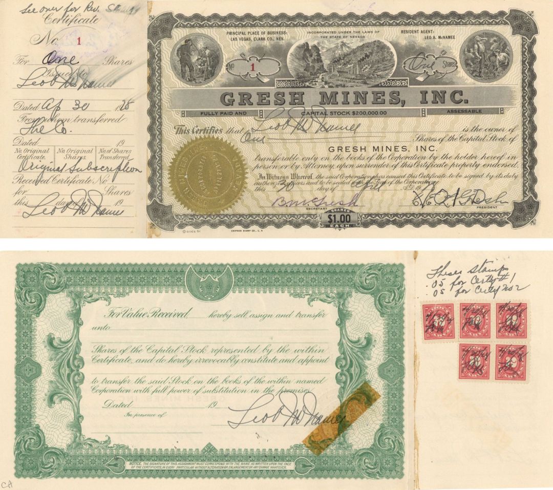 Gresh Mines, Inc. - Certificate number 1 - 1928 dated Stock Certificate