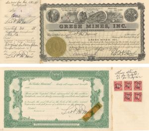 Gresh Mines, Inc. - Certificate number 1 - 1928 dated Stock Certificate