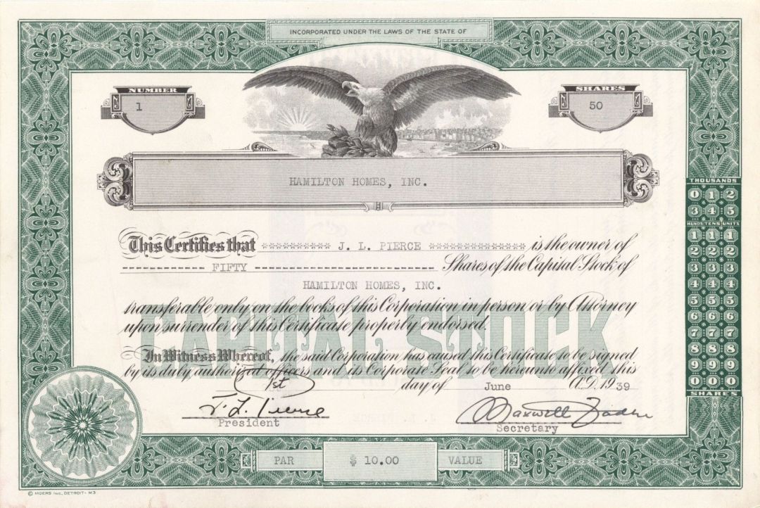 Hamilton Homes, Inc. - Certificate number 1 - 1939 dated Stock Certificate