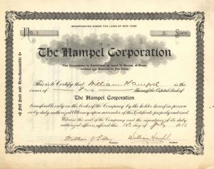 Hampel Corp. - Certificate number 1 - 1916 dated Stock Certificate