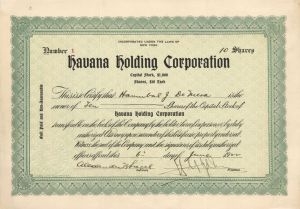 Havana Holding Corp. - Certificate number 1 - 1922 dated Stock Certificate