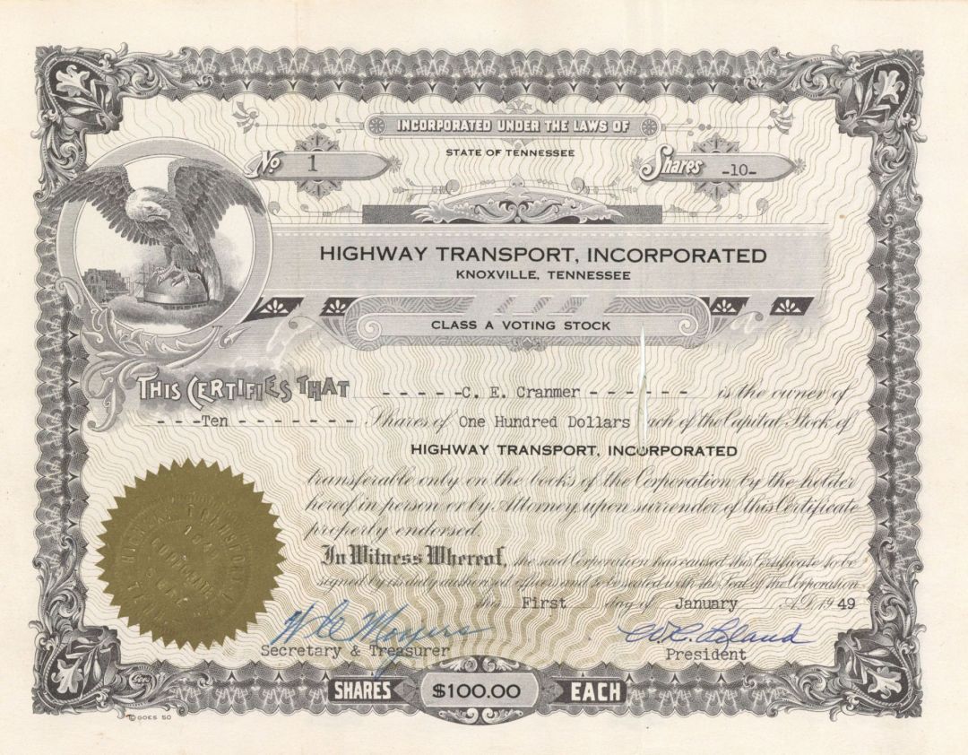 Highway Transport, Inc. - Certificate number 1 - 1949 dated Stock Certificate