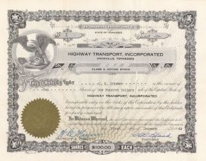 Highway Transport, Inc. - Certificate number 1 - 1949 dated Stock Certificate