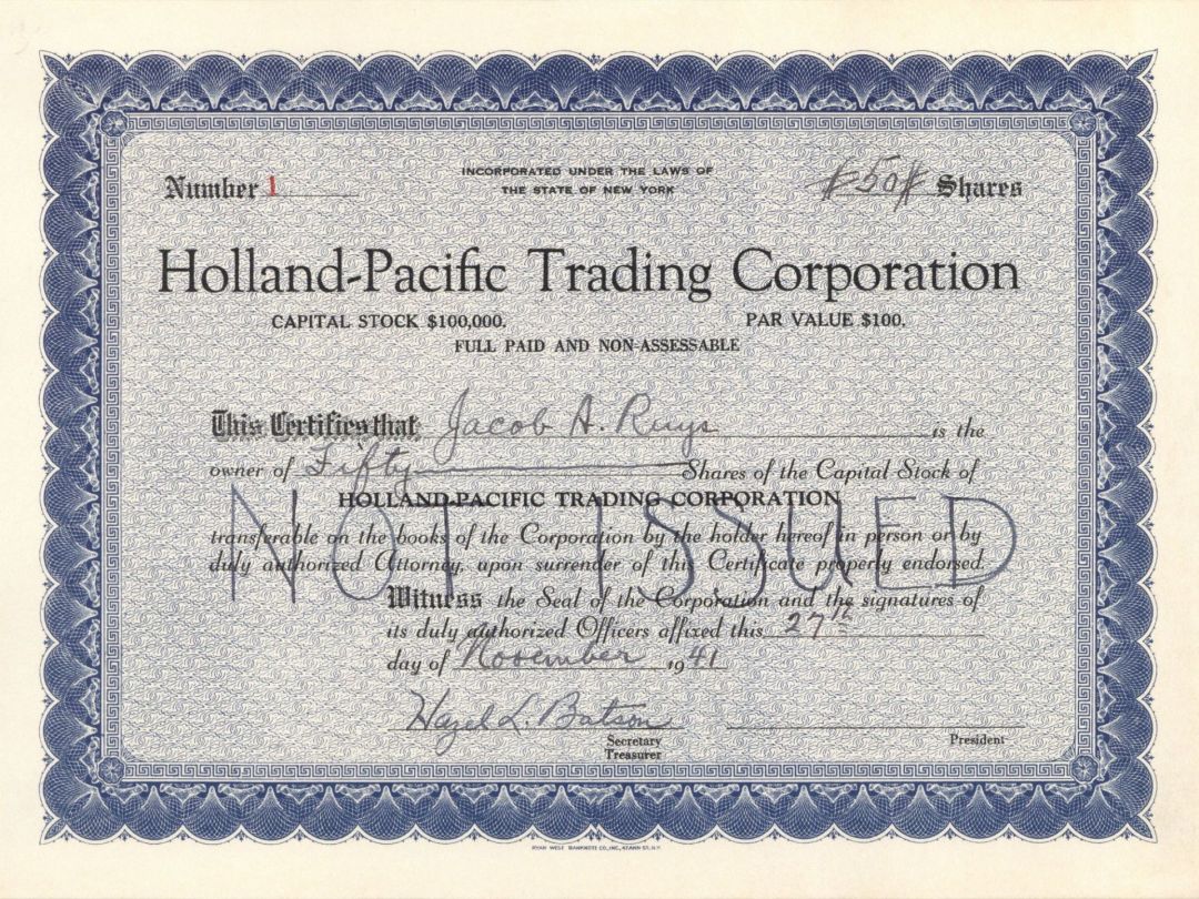 Holland-Pacific Trading Corp. - Certificate number 1 - 1941 dated Stock Certificate