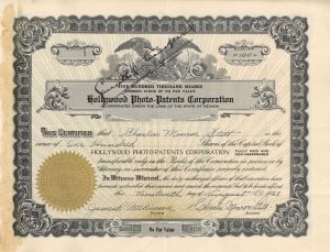 Hollywood Photo-Patents Corp. - Certificate number 1 - 1929 dated Stock Certificate