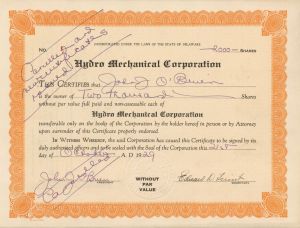 Hydro Mechanical Corp. - Certificate number 1 - 1929 dated Stock Certificate