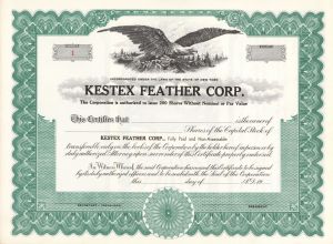 Kestex Feather Corp. - Certificate number 1 - Unissued Stock Certificate