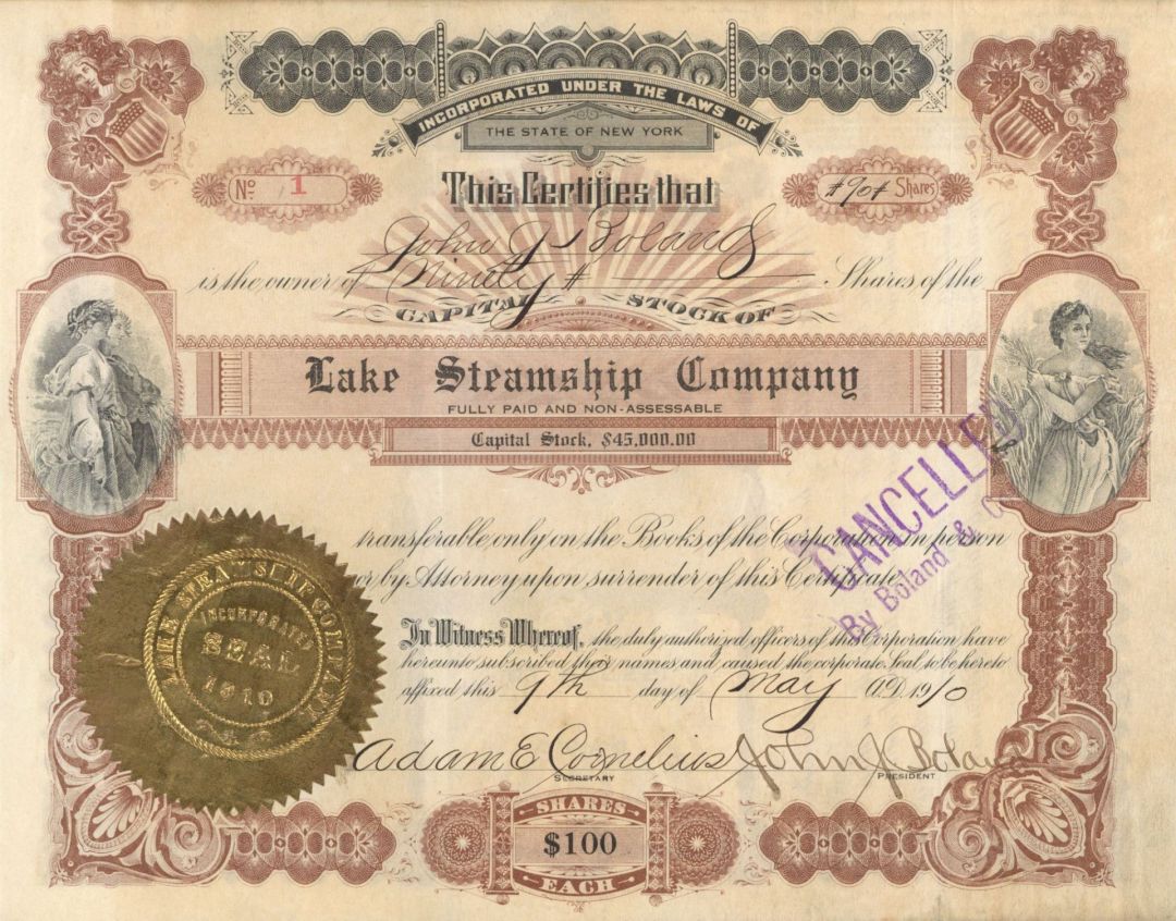 Lake Steamship Co. - Certificate number 1 - 1910 dated Stock Certificate