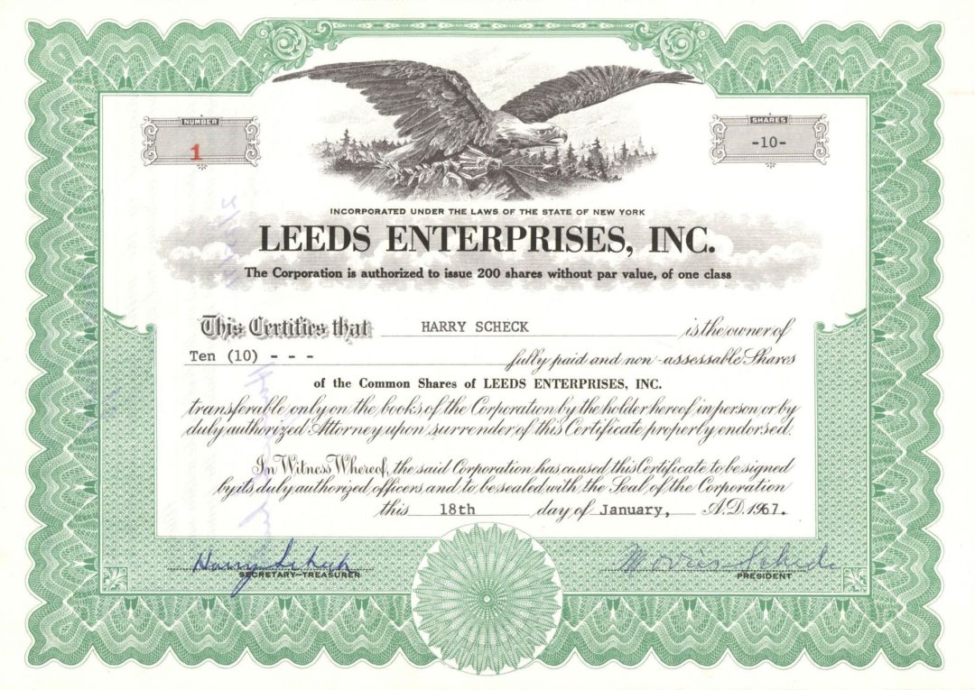 Leeds Enterprises, Inc. - Certificate number 1 - 1967 dated Stock Certificate