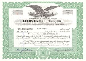 Leeds Enterprises, Inc. - Certificate number 1 - 1967 dated Stock Certificate