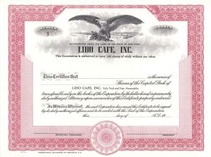 Lido Cafe, Inc. - Certificate number 1 - Unissued Stock Certificate