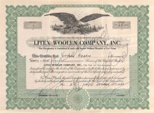 Litex Woolen Company, Inc. - Certificate number 1 - 1962 dated Stock Certificate