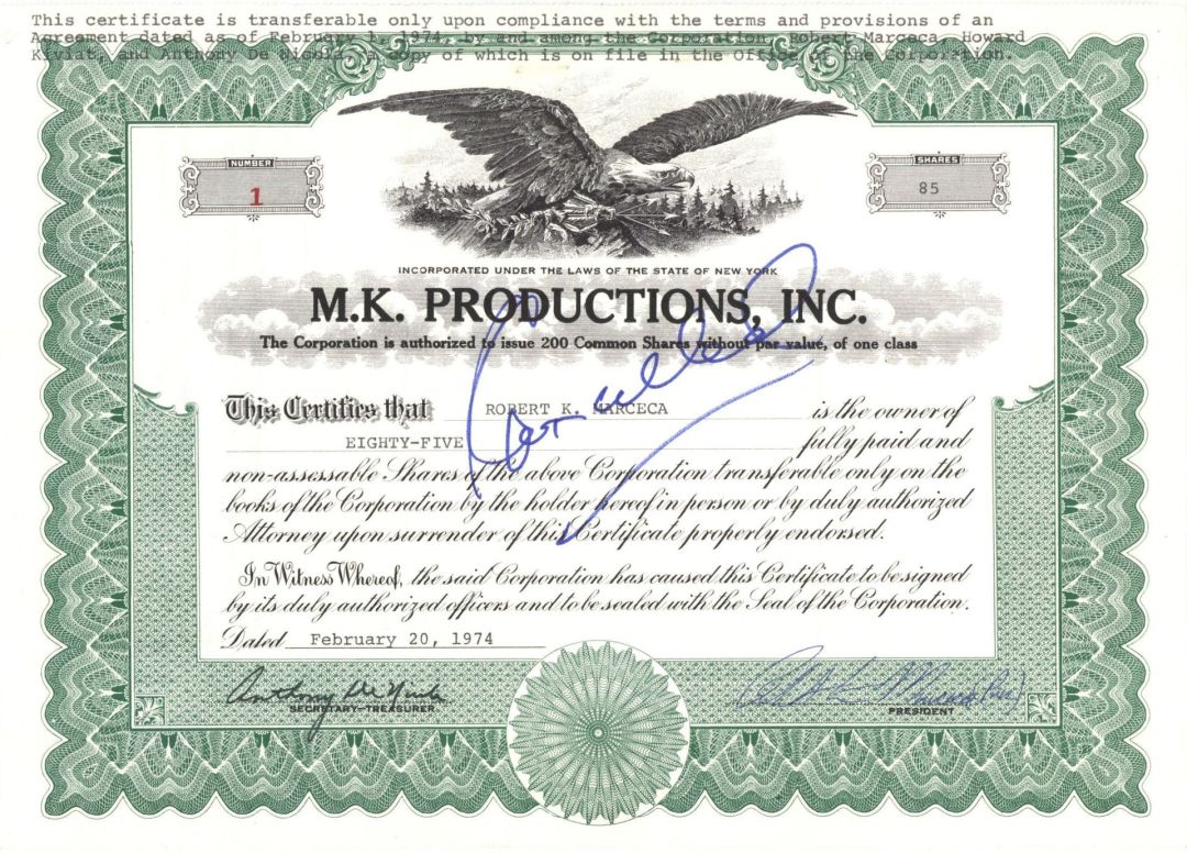 M.K. Productions, Inc. - Certificate number 1 - 1974 dated Stock Certificate