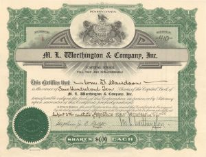 M.L. Worthington and Company, Inc. - Certificate number 1 - 1925 dated Stock Certificate
