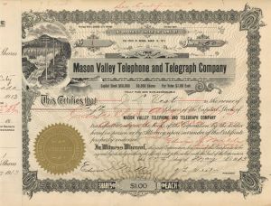 Mason Valley Telephone and Telegraph Company - Certificate number 1 - 1913 dated Stock Certificate
