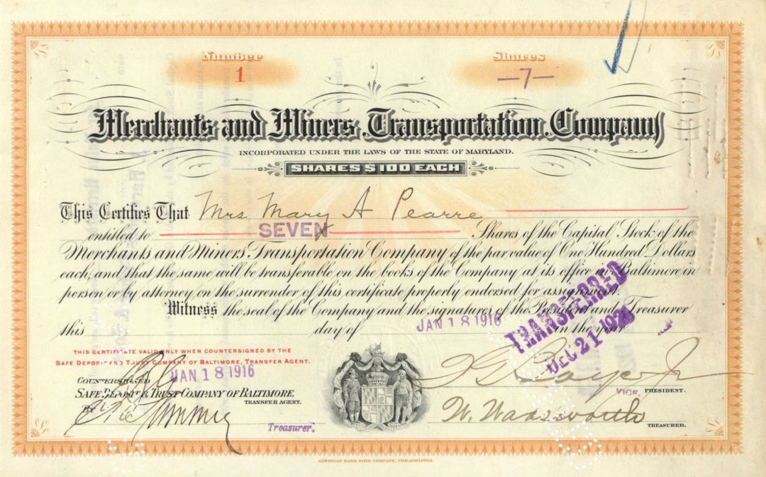 Merchants and Miners Transportation Co. - Certificate number 1 - 1916 dated Stock Certificate