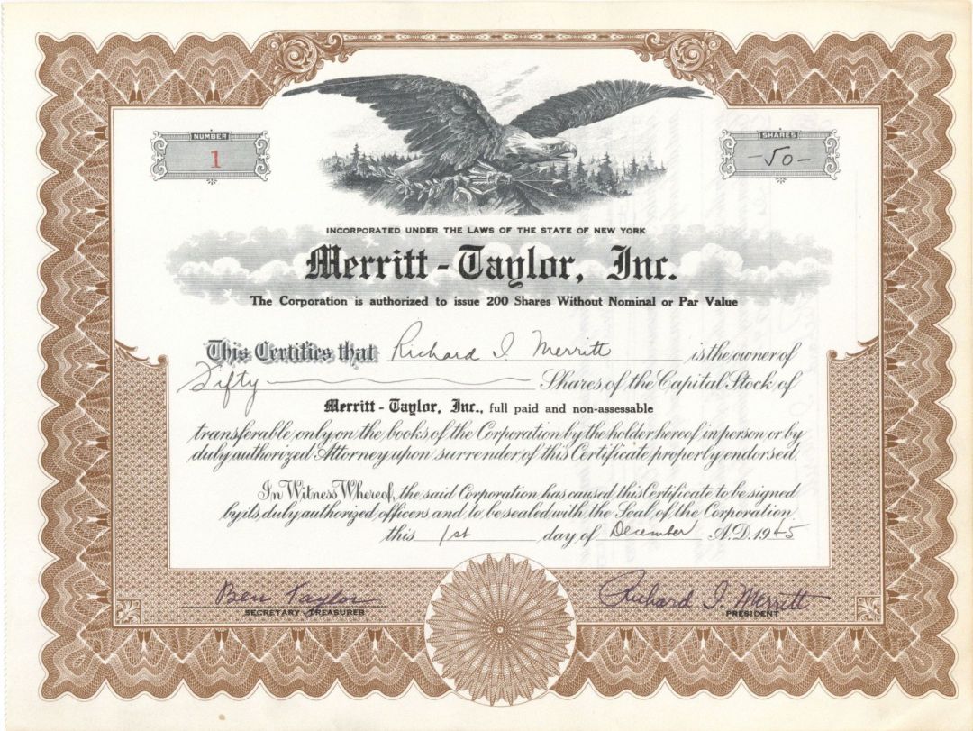 Merritt-Taylor, Inc. - Certificate number 1 - 1945 dated Stock Certificate