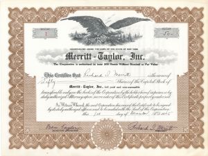 Merritt-Taylor, Inc. - Certificate number 1 - 1945 dated Stock Certificate