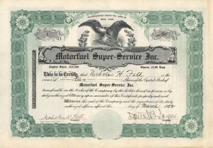 Motorfuel Super-Service Inc. - Certificate number 1 - 1922 dated Stock Certificate