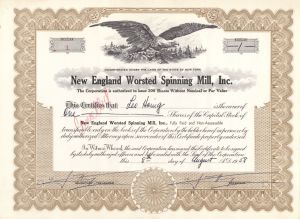 New England Worsted Spinning Mill, Inc. - Certificate number 1 - 1958 dated Stock Certificate