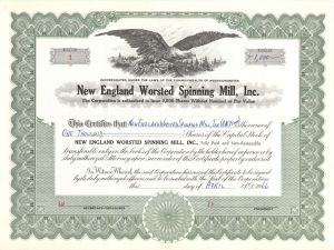 New England Worsted Spinning Mill, Inc. - Certificate number 1 - 1966 dated Stock Certificate