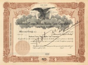 Northwest Corner Nassau-Maiden Lane Corp. - Certificate number 1 - Unissued Stock Certificate