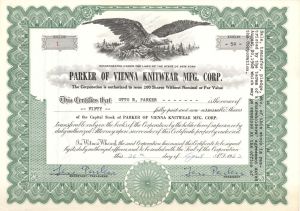 Parker of Vienna Knitwear Mfg. Corp. - Certificate number 1 - 1962 dated Stock Certificate