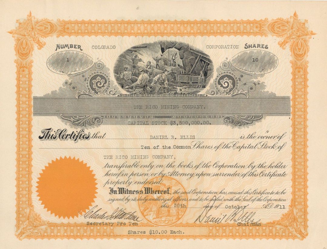 Rico Mining Co. - Certificate number 1 - 1911 dated Stock Certificate