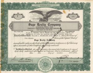 Sage Realty Co. - Certificate number 1 - 1935 dated Stock Certificate