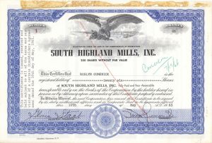 South Highland Mills, Inc. - Certificate number 1 - 1965 dated Stock Certificate