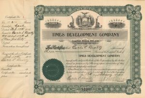 Times Development Co. - Certificate number 1 - 1911 dated Stock Certificate