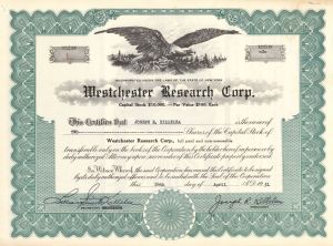 Westchester Research Corp. - Certificate number 1 - 1951 dated Stock Certificate