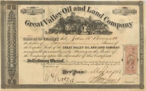 Great Valley Oil and Land Co. - Certificate number 1 - 1865 dated Stock Certificate (Uncanceled)