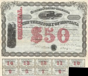 Territory of Montana - Very Rare 1872 Gorgeous $50 Bond with Red Underprint - Certificate #1