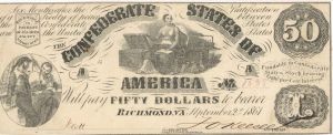 Confederate $50 Note - T-14 CR-59 - 1861 dated Confederate Paper Money